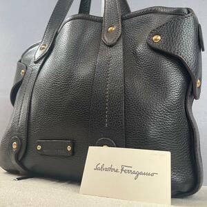 極美品 サルヴァトーレフェラガモ Salvatore Ferragamo トートバッグ ビジネスバッグ レザー 黒 ロゴプレート ガンチーニ A4収納 メンズ