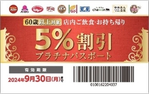 すかいらーくグループ プラチナパスポート 60歳以上 5％引券→期限9.30／送63