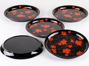 [.] era lacquer ware black paint . leaf lacqering large virtue temple tray . customer DH588