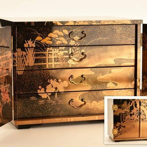 【流】美術漆器 能登輪島塗 宮内庁御用達蒔絵師 村木華邨 極上松竹梅蒔絵梨地引出箪笥 TR752の画像1