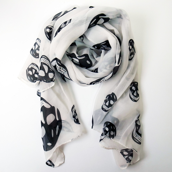 メンズ ドクロ ストール 大判 シフォン ストール Skull Pattern Chiffon Stole ストール スカーフ ホワイト