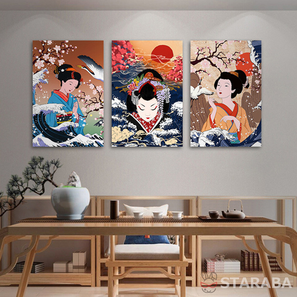 Ensemble de 3 tableaux, intérieur, tissu, Peinture de style japonais, cadre artistique, Kabuki, Oïran, 30x40cm, Maïko, tenture, panneau artistique, livraison gratuite, Ouvrages d'art, Peinture, autres