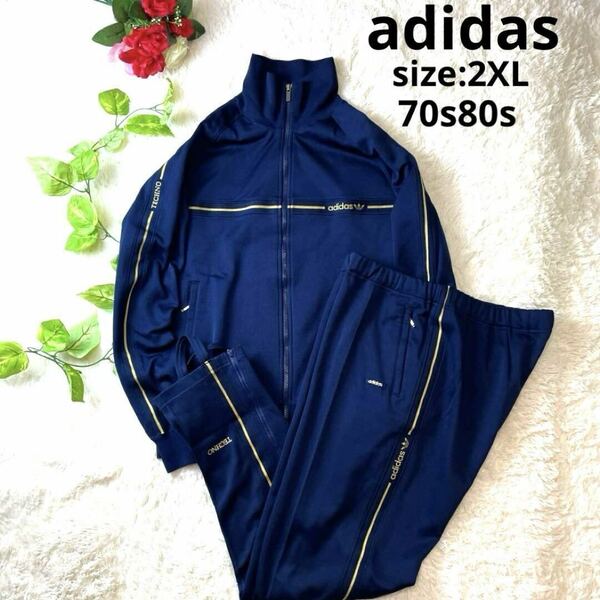 超希少70s80s/2XL/デサント製/極美品/adidas アディダス トラックジャケットパンツ ジャージ 上下セットアップ TECHNO×BIOFIX 紺金 メンズ