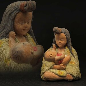 EJ738 時代 小振 木目込人形「母子像」高5cm 重15g・「慈愛/お母さんと赤ちゃん」置物 日本人形 衣裳着人形 伝統工芸