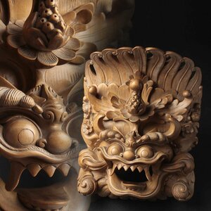 JJ758 インドネシア バリ島 木彫「聖獣 バロン」飾面 縦21.5cm 重620g・巴厘 獅子野獸面具
