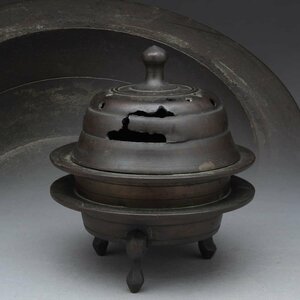 EQ421 仏教美術 銅製 火舎香炉 径11.3cm 重583g・火舎香爐・銅三足香炉 真宗大谷派