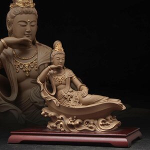 JJ907 仏教美術「一葉観音菩薩像」台座付 全幅20cm 重996g 台座付・「一叶觀音像」仏像 佛像