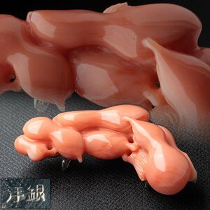 JJ962 和装小物 洋銀裏座 本珊瑚 六瓢図 帯留 横5.2cm 重15g・サンゴ六瓢箪図帯留め・珊瑚雕葫芦圖帶扣