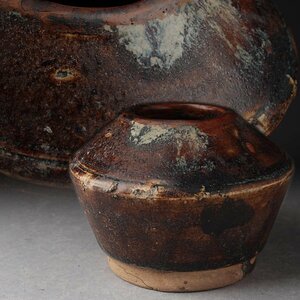 UT699 時代物 褐釉小壺・褐釉小罐 径10cm 重398g・褐釉算盤玉形小壺