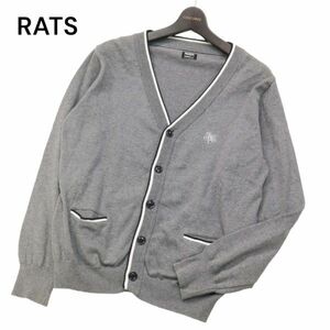 RATS ラッツ 通年 刺繍★ ライン入り コットン ニット カーディガン Sz.M　メンズ グレー 日本製　I4T00737_3#O