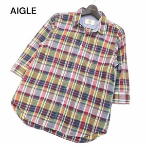 AIGLE エーグル 春夏 リネン&コットン★ 7分袖 マドラス チェック シャツ Sz.M　メンズ アウトドア　I4T00727_3#A