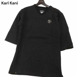 Karl Kani カールカナイ 春夏 コーティング加工★ ロゴ刺繍 5分袖 千鳥柄 Vネック Tシャツ カットソー Sz.L　メンズ 黒　I4T00871_3#D