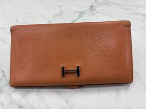 1000円スタート【中古品】HERMES 長財布 べアンスフレ オレンジ エルメス