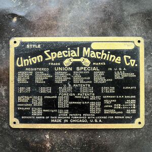 未使用Union Special Machine真鍮プレート ユニオンスペシャル ミシン 工業用USAチェーンステッチ ビンテージ デニム 裾上げ ディスプレイ