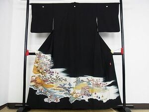 平和屋川間店■豪華黒留袖　作家物　人物風景文　暈し染め　金彩　着丈156cm　裄丈65cm　正絹　逸品　B-np8218