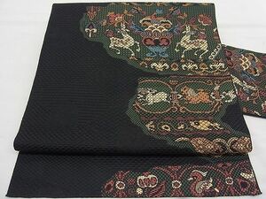 平和屋野田店■八寸名古屋帯　更紗動物花文　黒地　逸品　n-fw5800