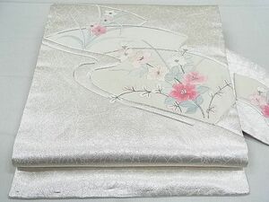 平和屋1■九寸名古屋帯　駒刺繍　流水草花文　銀糸　逸品　nb0924