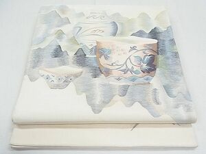 平和屋1■太鼓柄袋帯　すくい織　陶器草花文　銀糸　逸品　nb0900