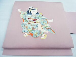 平和屋1■塩瀬　九寸名古屋帯　作家物　手描き　刺繡　童子　金糸　逸品　in0509