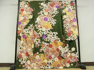 平和屋-こころ店■豪華振袖　駒刺繍　御所車花文　金彩　着丈167cm　裄丈66cm　正絹　逸品　B-zg9309