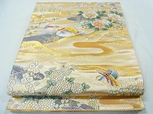 平和屋1■六通柄袋帯　唐織　日本屏風絵　山水四季花鳥図　伝雪舟　金糸　逸品　in0635