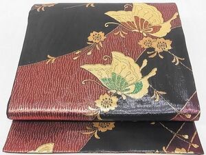 平和屋-こころ店■六通柄袋帯　花蝶文　黒地　金糸　正絹　逸品　A-gk2035