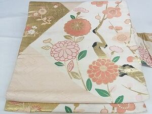 平和屋-こころ店■九寸名古屋帯　梅菊文　金糸　正絹　逸品　A-hg1799