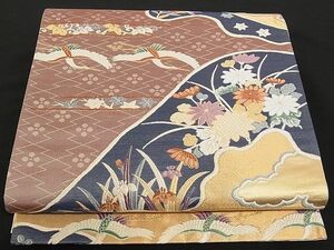 平和屋川間店■六通柄袋帯　唐織　飛鶴草花文　金糸　正絹　逸品　A-yi2749