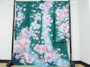 平和屋-こころ店■豪華振袖　刺繍　草花文　暈し染め　金糸　金彩　銀通し地　着丈163cm　裄丈66cm　正絹　逸品　A-cs7713