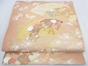 平和屋2■六通柄袋帯　唐織　扇面舞蝶花鳥文　金糸　逸品　1wb1543