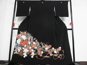 平和屋-こころ店■豪華黒留袖　花車文　金銀彩　着丈159cm　裄丈64cm　正絹　逸品　B-oa8826