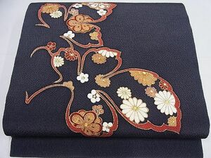 平和屋-こころ店■九寸開き名古屋帯　友禅　駒刺繍　草花文　金彩　鬼しぼ縮緬　正絹　逸品　1B-ph1010