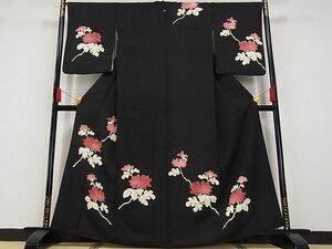 平和屋-こころ店◆訪問着　枝花文　黒地　金彩　着丈162cm　裄丈67.5cm　正絹　逸品　mop3888