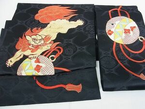 平和屋2■アンティーク　大正ロマン　つけ帯　駒刺繍　唐獅子　鈴花文　黒地　金糸　逸品　1wb1597