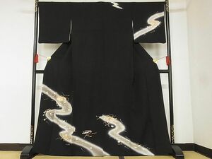 平和屋-こころ店■訪問着　駒刺繍　花文箱文　暈し染　黒地　金彩　着丈165cm　裄丈67cm　正絹　逸品　A-ck8348