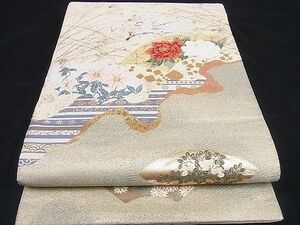 平和屋川間店■六通太鼓柄袋帯　唐織　地紙草花文　金銀糸　正絹　逸品　B-ey3994