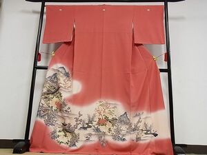 平和屋川間店■豪華色留袖　風景花文　暈し染め　金彩　ロング丈　着丈170cm　裄丈66cm　正絹　逸品　B-sa3905