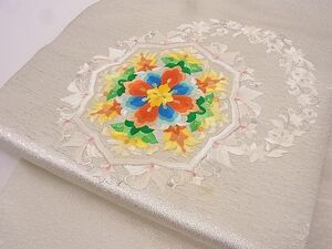 平和屋川間店■九寸名古屋帯　総刺繍　花唐草文　金銀糸　正絹　逸品　B-cy4812