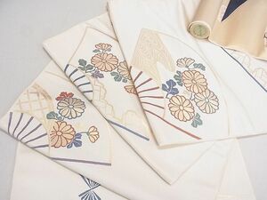 平和屋2■名古屋帯　帯反物　舞扇花文　金糸　逸品　未使用　ab4199