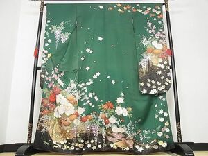 平和屋-こころ店■豪華振袖　駒刺繍　花車文　暈し染め　金彩　着丈163.5cm　裄丈64cm　正絹　逸品　A-ja6032