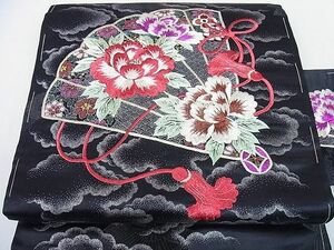 平和屋2■アンティーク　九寸名古屋帯　刺繍　舞扇花文　銀糸　逸品　sf4406