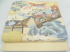 平和屋2■太鼓柄袋帯　渡橋人物風景花文　金糸　逸品　ox5782