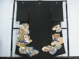 平和屋2■アンティーク　大正ロマン　黒留袖　駒刺繍　雲取り御所車花文　金彩　散歩着　逸品　1wb1891