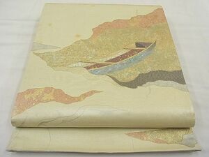 平和屋野田店■太鼓柄袋帯　螺鈿箔　道長文様　手織　墨流し貼絵箔　逸品　n-rc0482