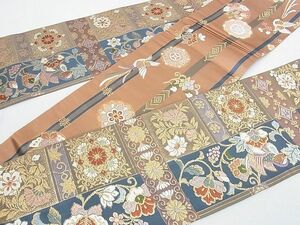 平和屋2■両面半幅帯　舞蝶鴛鴦花唐草文　金糸　逸品　1wb1605