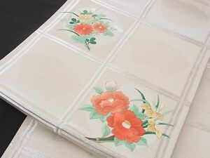 平和屋川間店■太鼓柄袋帯　刺繍　市松枝花文　金銀糸　正絹　逸品　B-cy1951