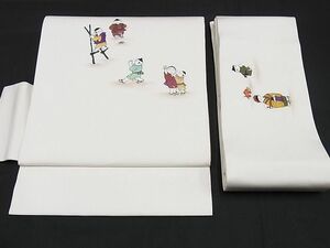 平和屋川間店■塩瀬　つけ帯　手描き　童子　正絹　逸品　B-ek2764