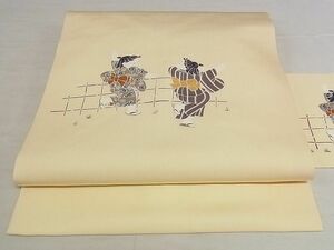 平和屋川間店■塩瀬　九寸名古屋帯　手描き　童子　正絹　逸品　A-pf5407