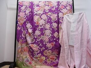 平和屋1■豪華振袖・長襦袢セット　刺繍　毬跳兎花蝶文　暈し染め　金通し地　逸品　ua7103