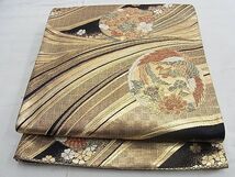 平和屋野田店■六通柄袋帯　唐織　鳳凰流水花丸文　黒地　金糸　逸品　n-te1659_画像1